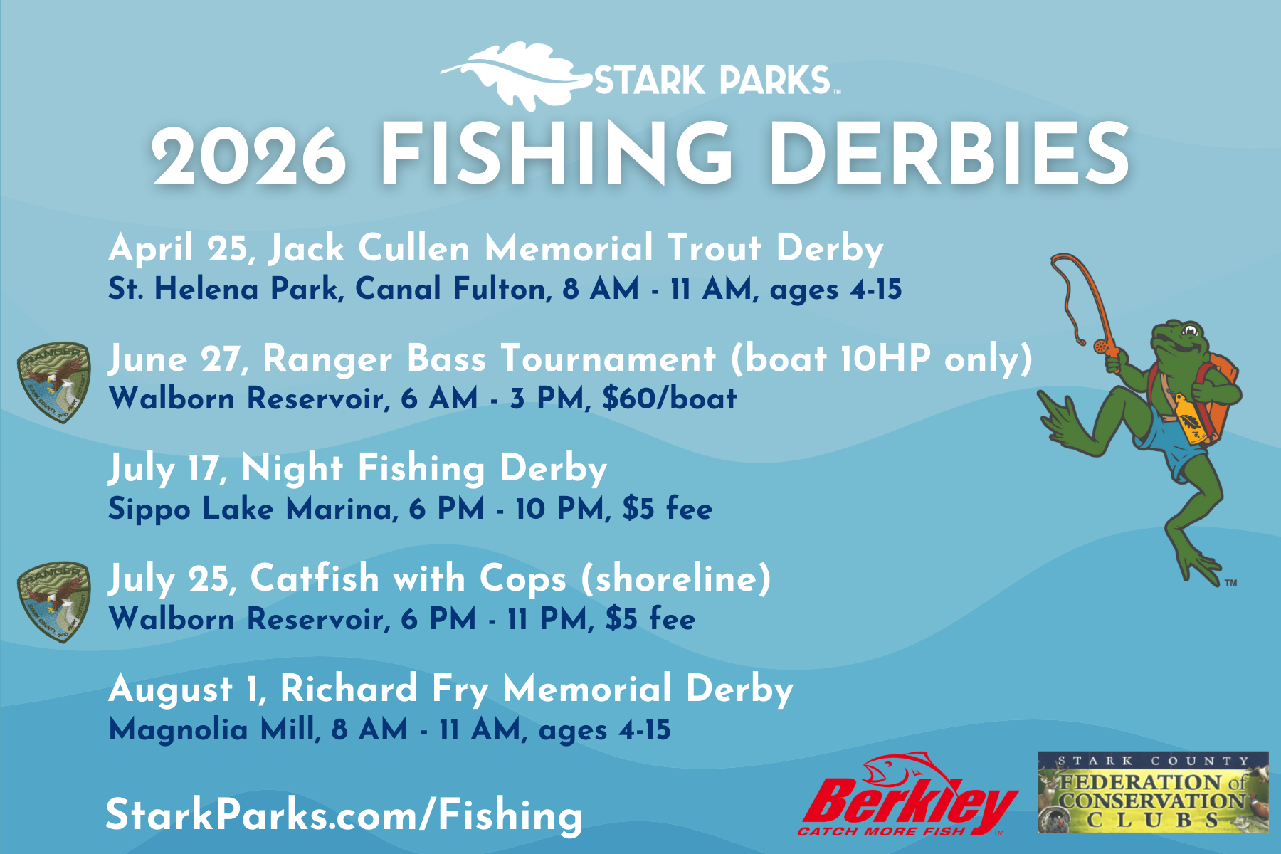 2026 Fishing Derby Schedule with dates and locations and frog with fishing pole